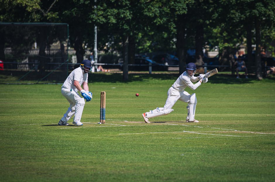 A cricket match is taking place on a green field with lush trees in the background. Two players are actively engaged in a game; the batter, dressed in white cricket whites, is in a batting stance, holding a cricket bat and preparing to hit a red cricket ball that is mid-air in front of him. The wicketkeeper, also in white clothing and wearing protective gloves and pads, is positioned behind the wickets, crouching slightly, ready to stop or catch the ball. The scene is well-lit with natural daylight, and the grass appears neatly maintained. Nearby, the boundary fence encloses the field, with parked cars and some spectators visible beyond the trees. The image captures a moment of dynamic action during an outdoor cricket match, illustrating the sport's equipment, players' focus, and the open, sporting environment, which could be relevant in content about sports facilities or recreational activities in relation to house removals or moving logistics.